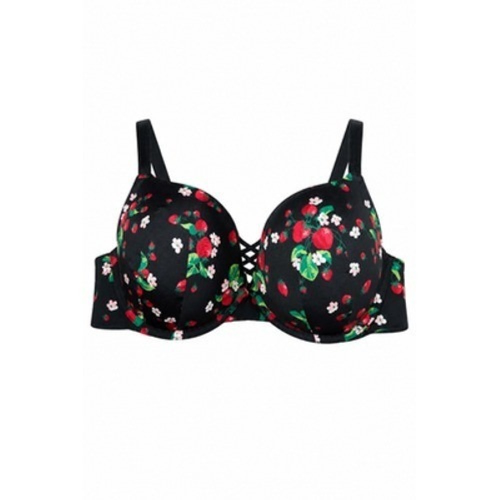 Torrid Curve 360 Bra Womens 44D Black Strawberry Print Push Up Plunge Underwire